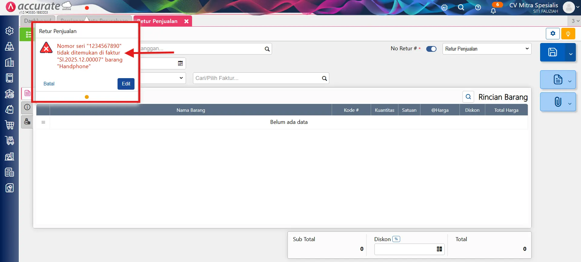 Cara mengatasi error nomor seri retur penjualan