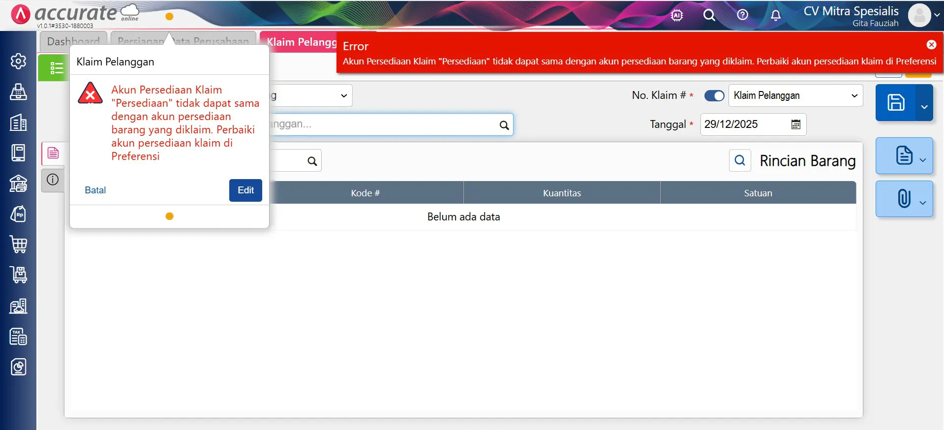 mengatasi error akun persediaan klaim