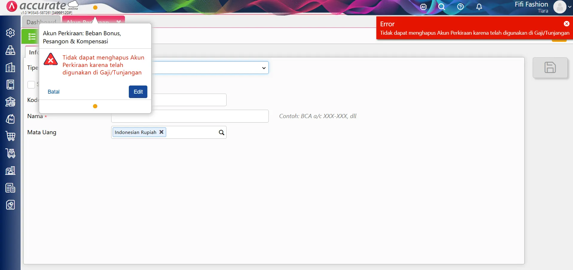 error hapus akun perkiraan gaji
