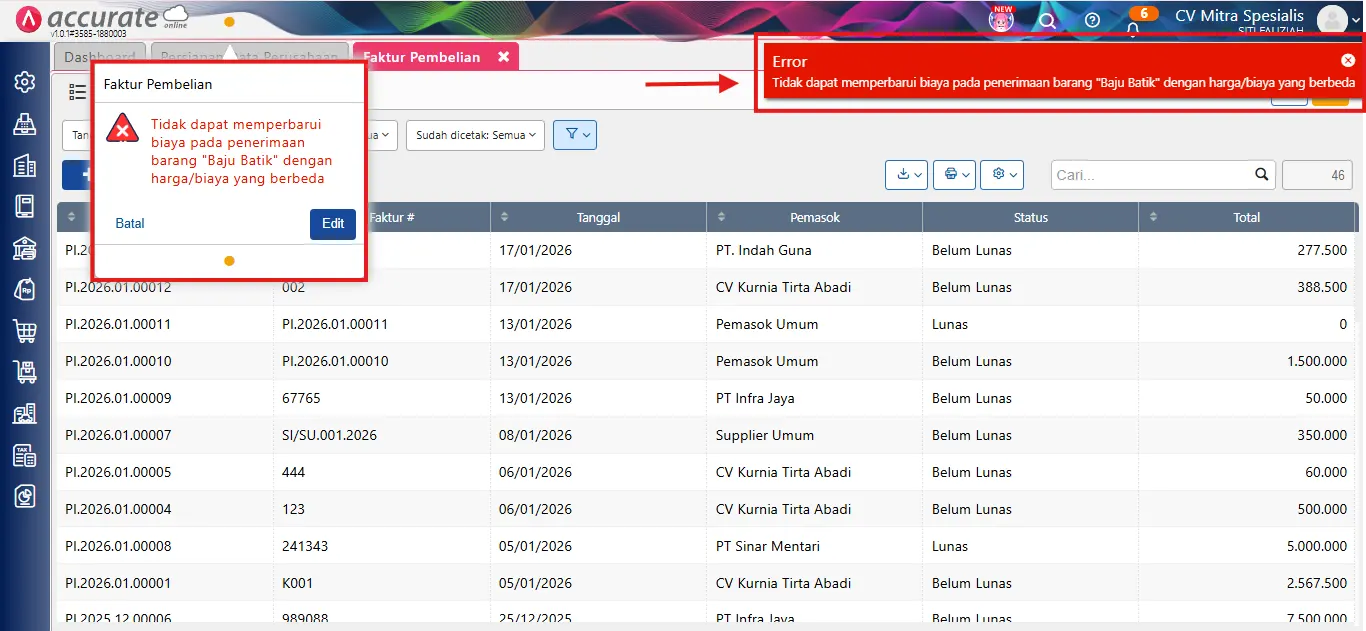 error biaya penerimaan barang
