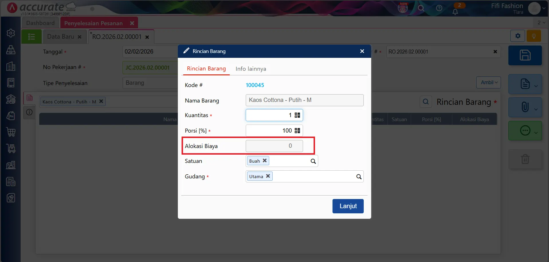 Solusi error alokasi biaya penyelesaian pesanan