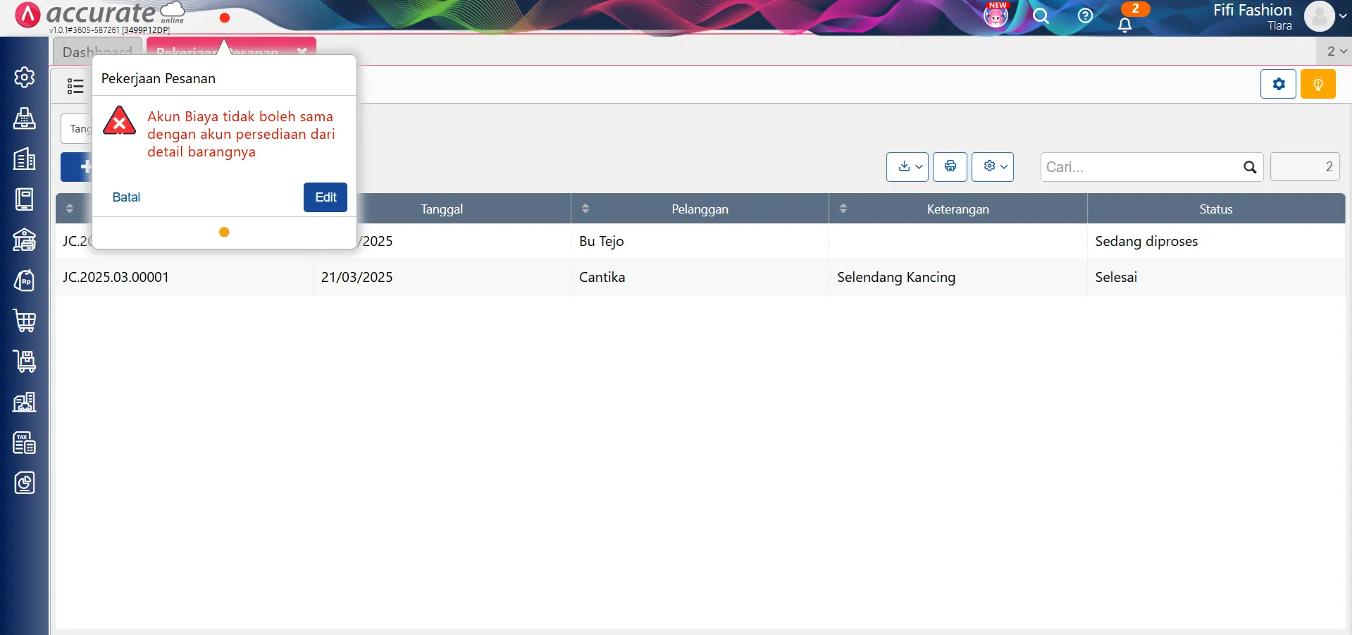 error akun biaya pekerjaan pesanan