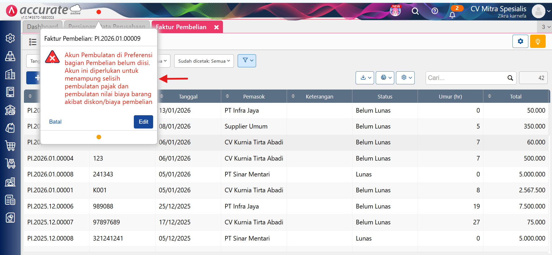 error akun pembulatan pembelian