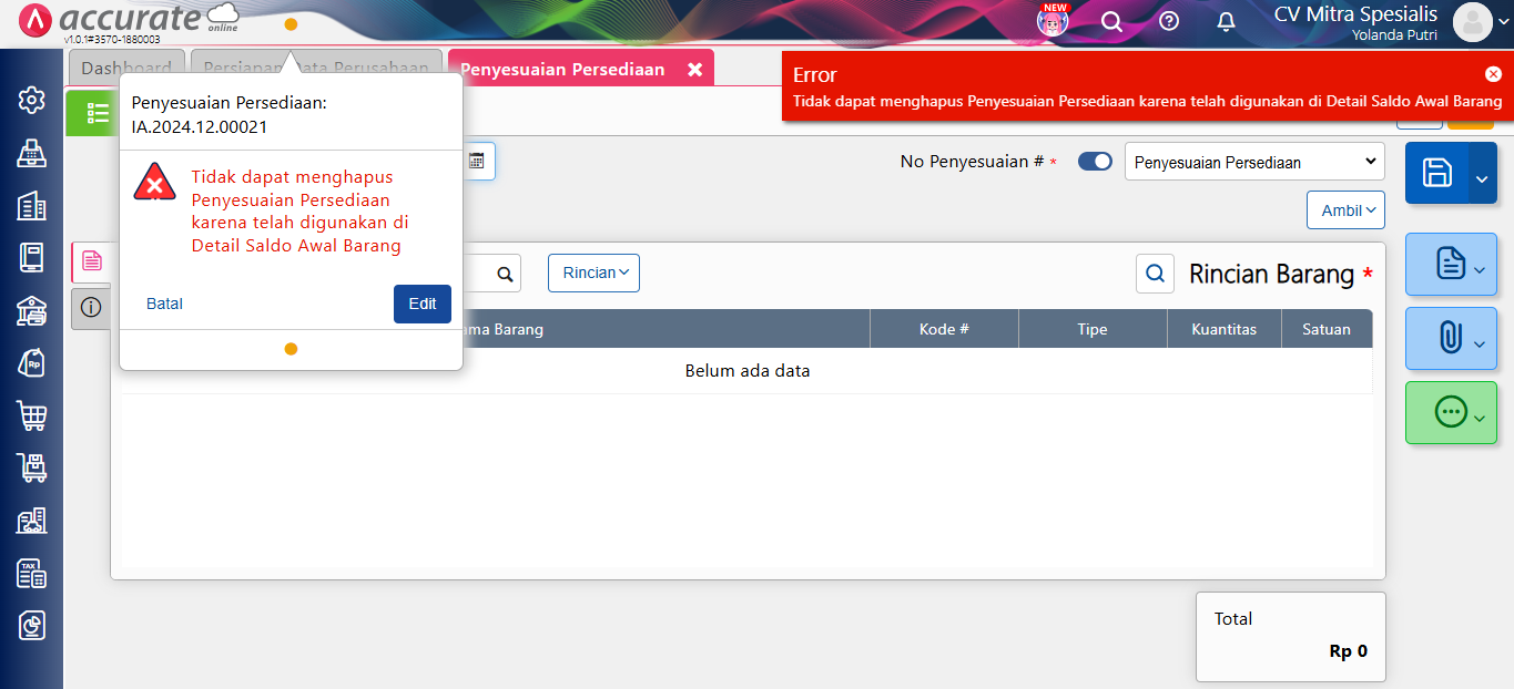error hapus penyesuaian persediaan