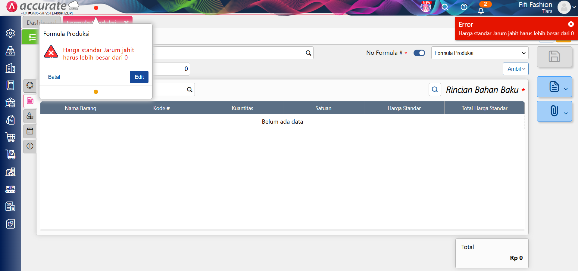 error harga standar formula produksi