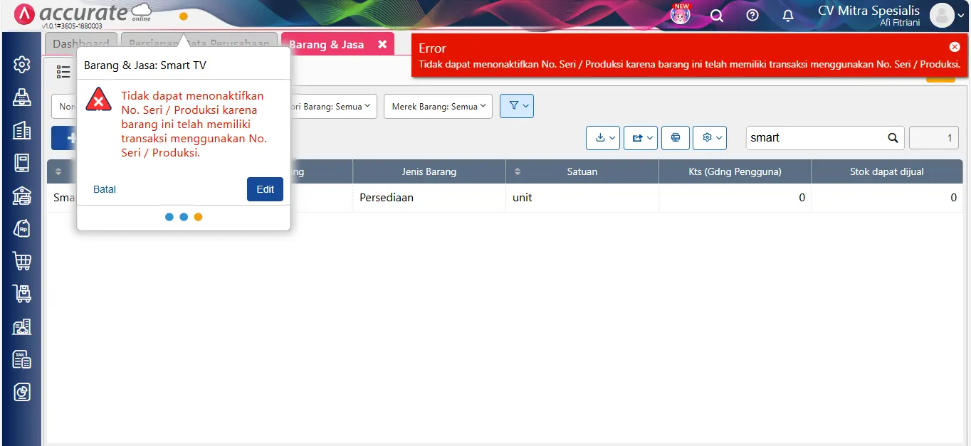 mengatasi error nonaktif no seri barang