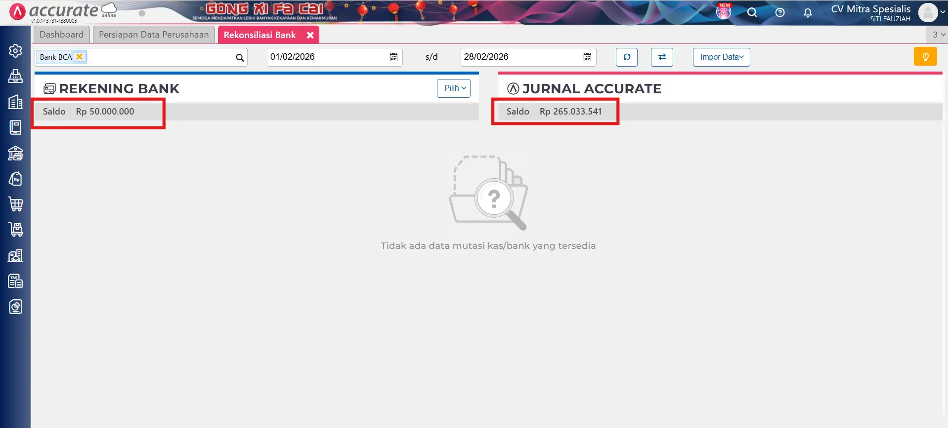 selisih saldo rekonsiliasi bank