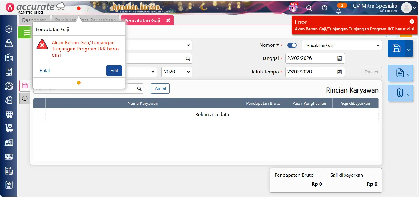 error akun beban gaji harus diisi