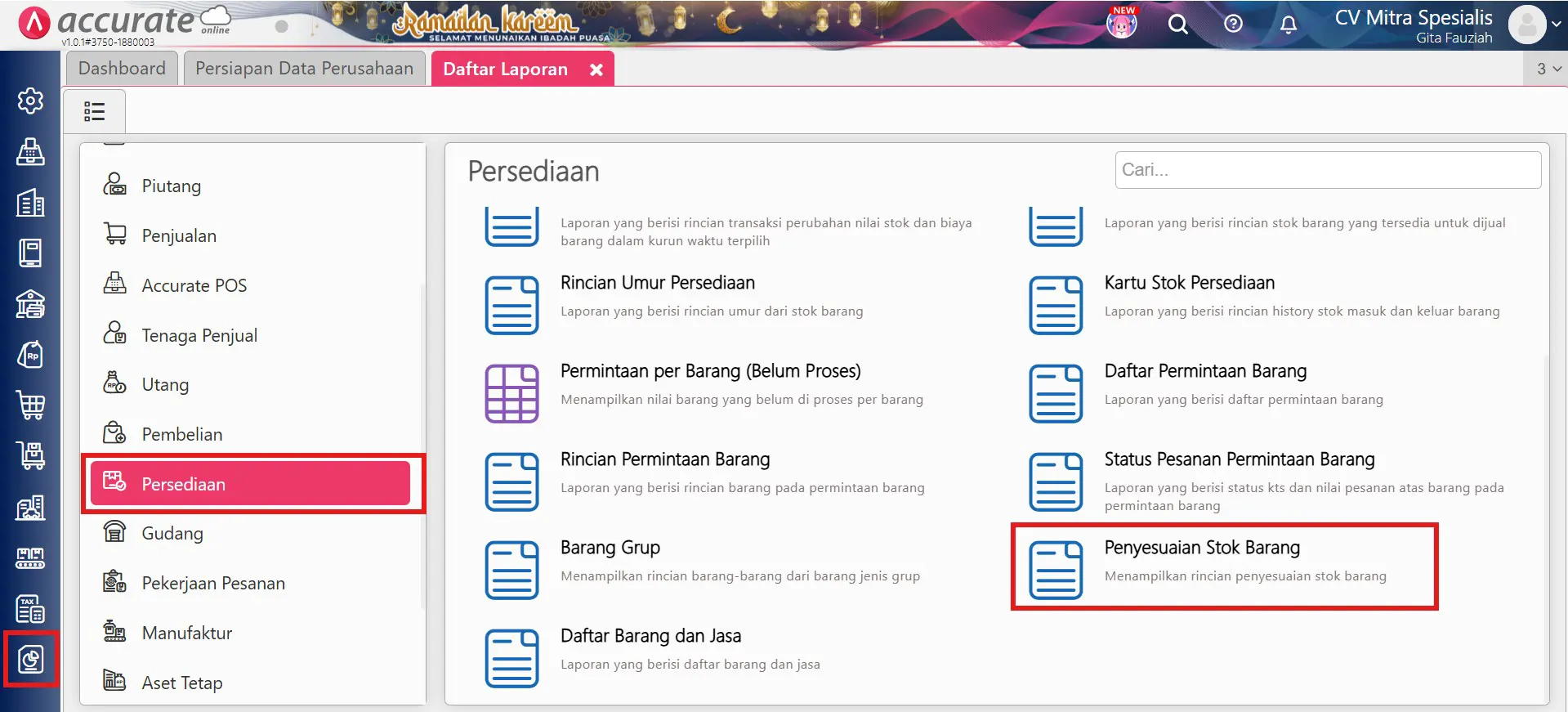 Menampilkan laporan penyesuaian stok dengan kuantitas