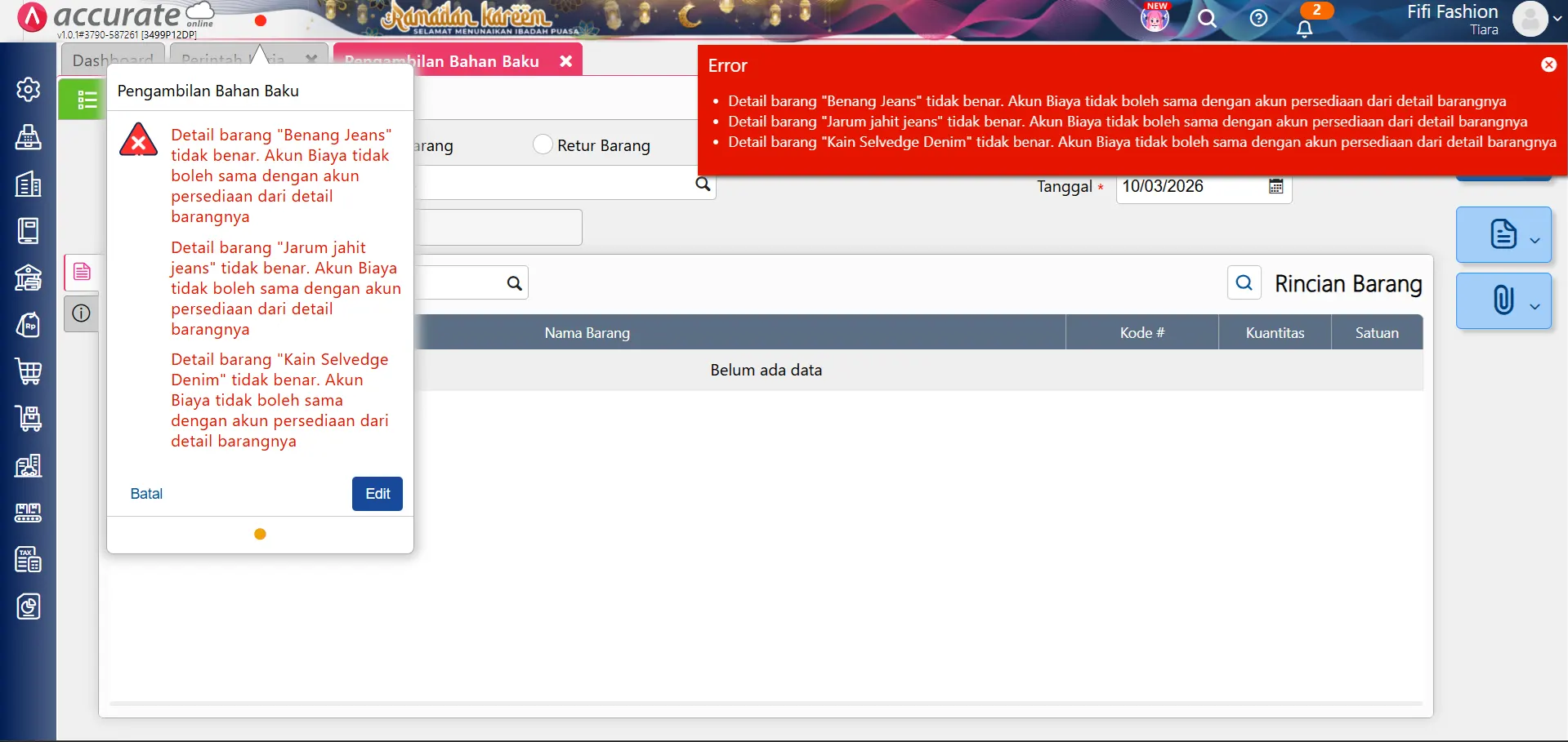 error akun saat pengambilan bahan baku