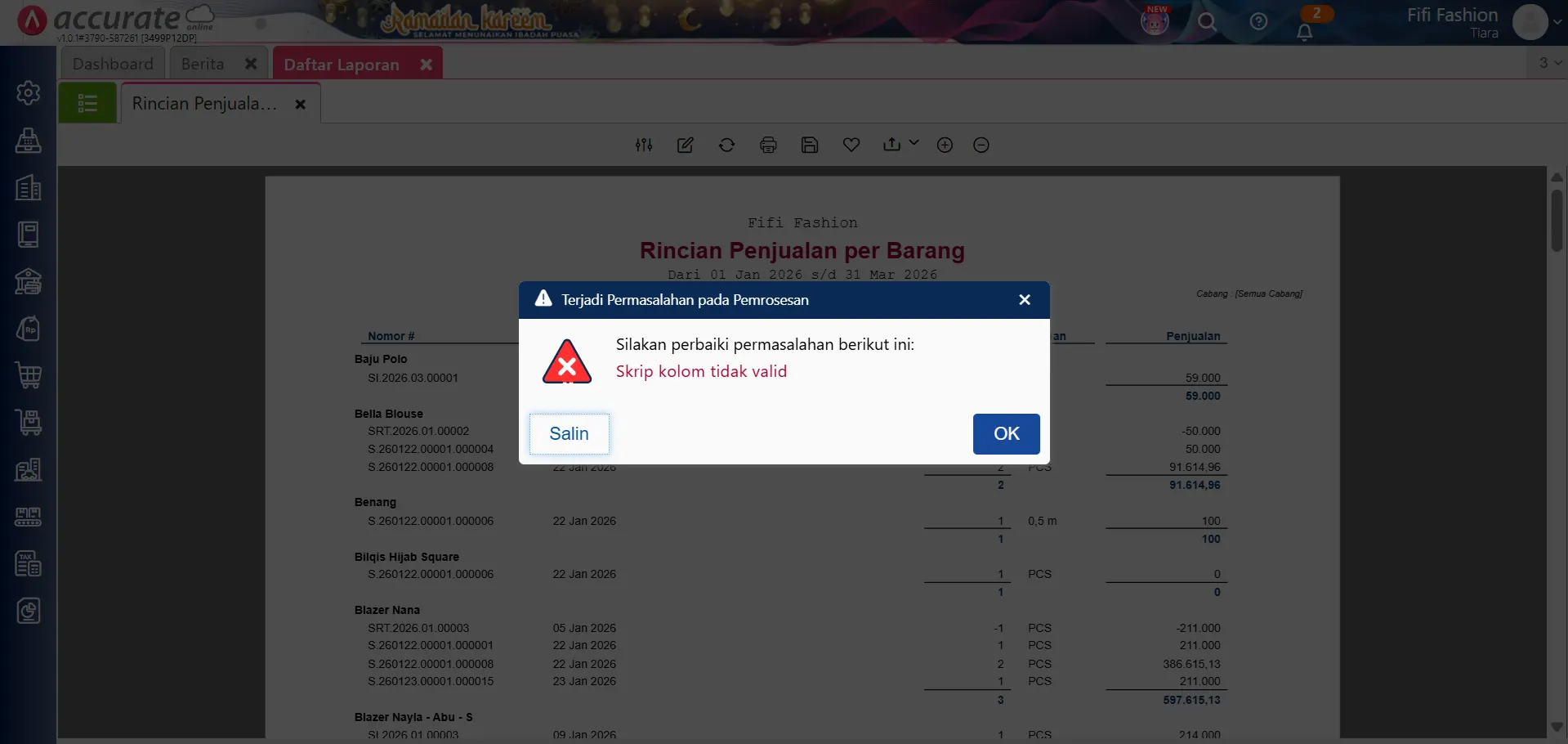 mengatasi skrip kolom tidak valid di laporan