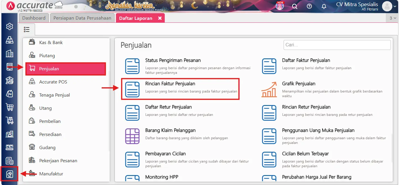 Menampilkan piutang penjualan per departemen