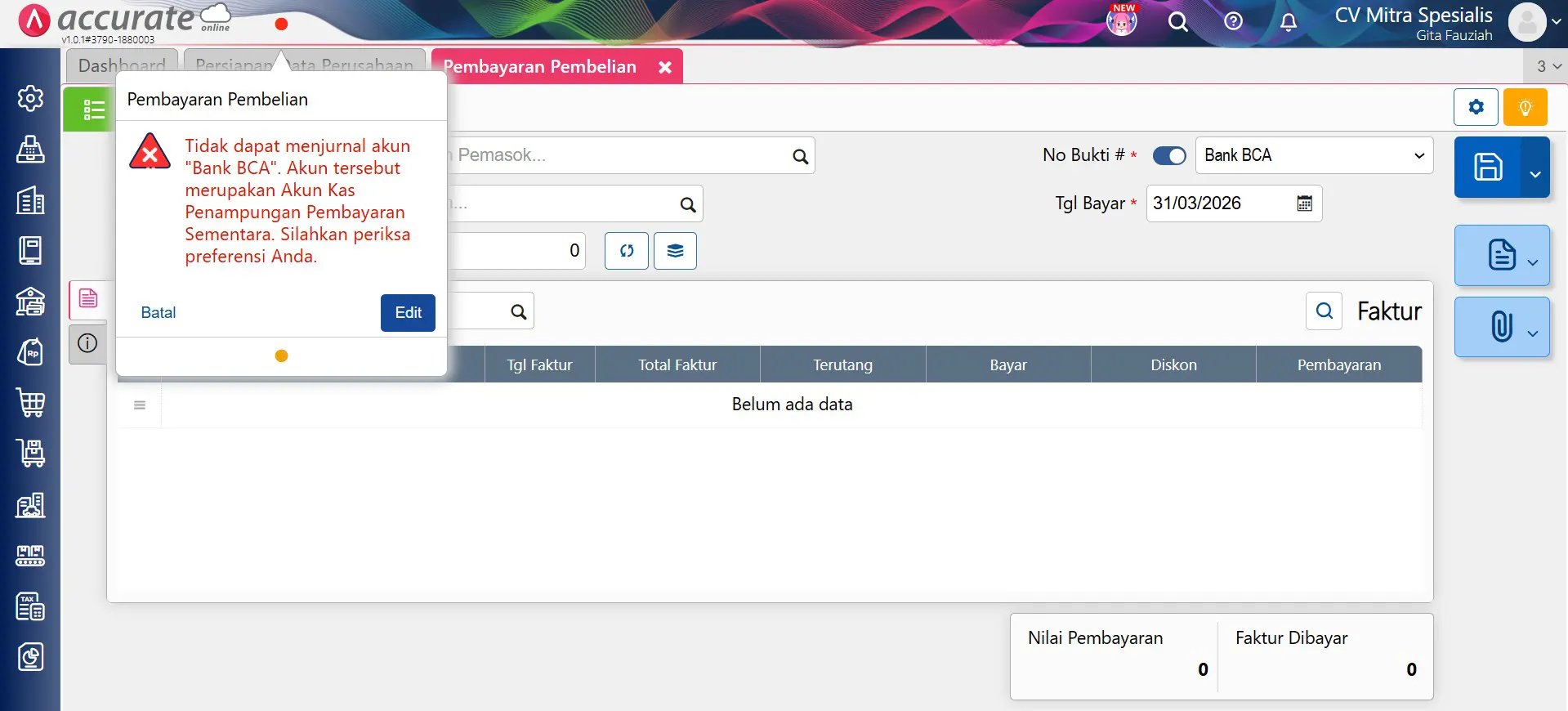 error akun kas perintah bayar