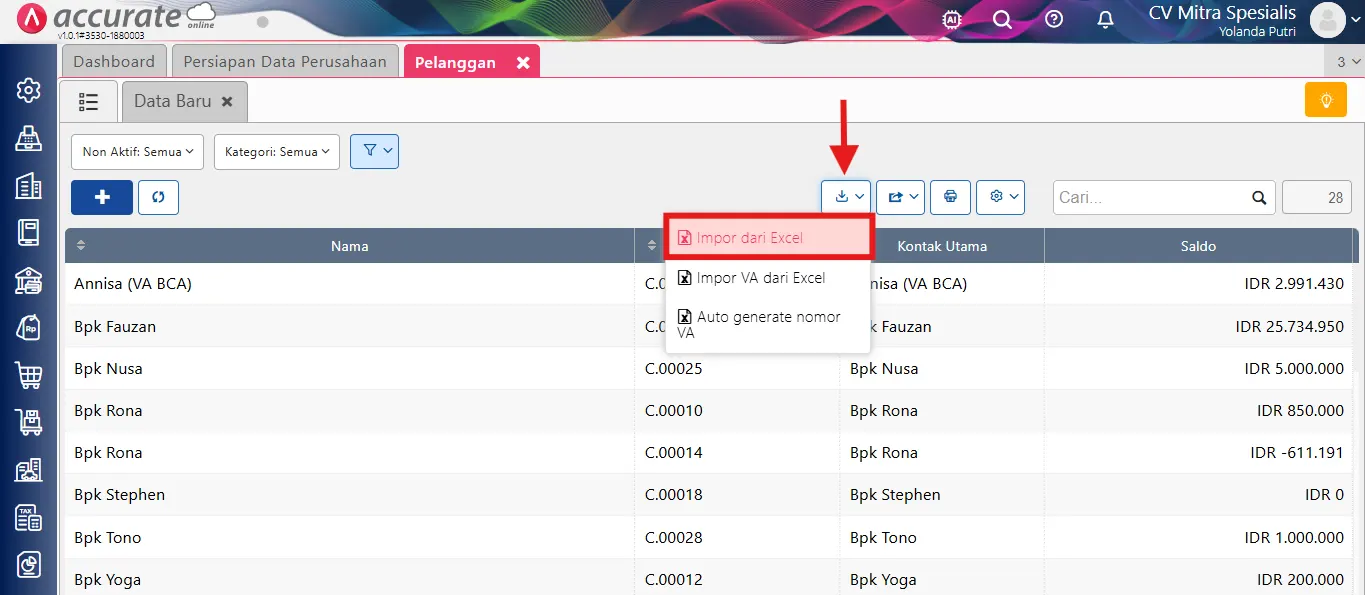 Input Nama Penjual pada saldo awal faktur