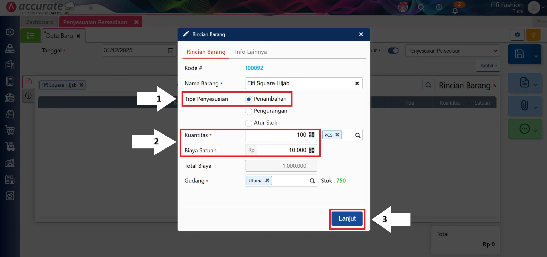 input saldo awal barang terkirim