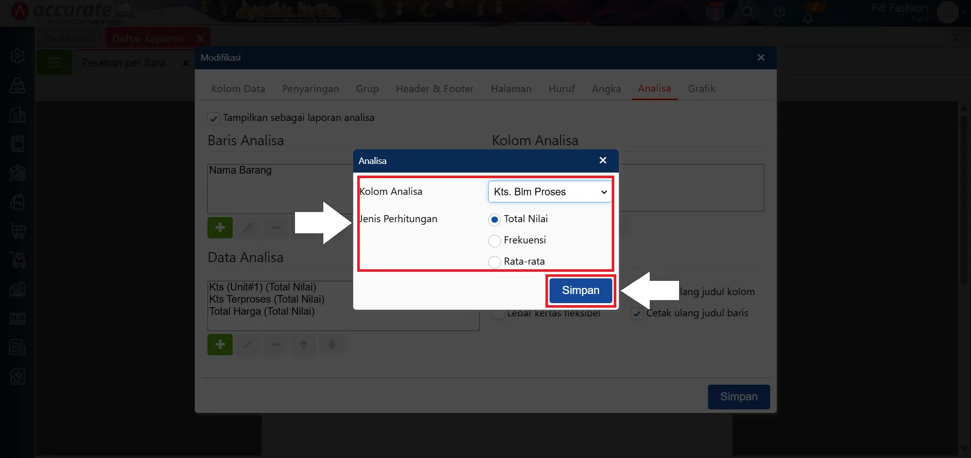 menampilkan kuantitas belum proses di laporan pesanan