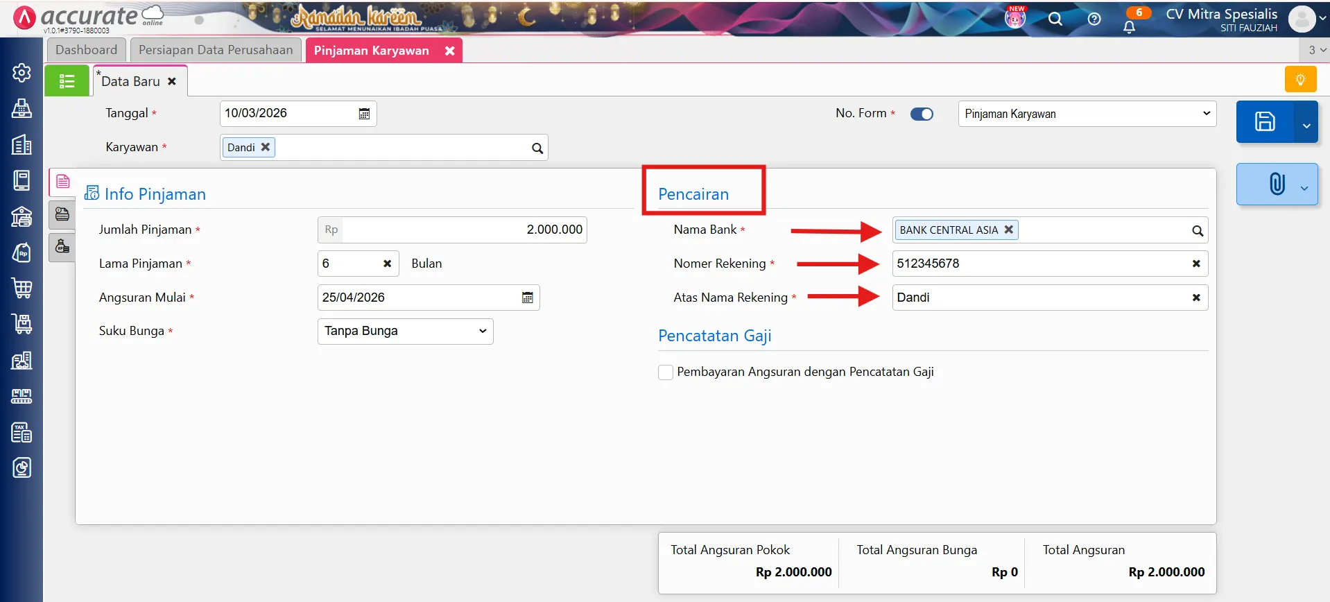 Fitur pinjaman karyawan