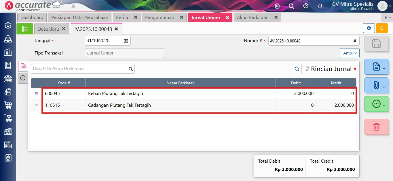 mencatat piutang tak tertagih