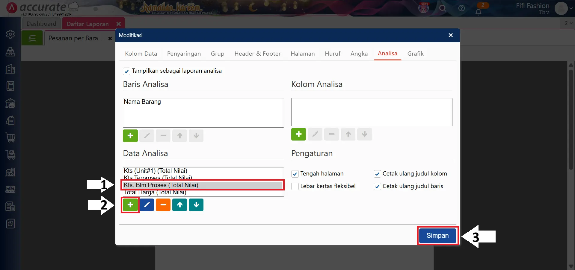 menampilkan kuantitas belum proses di laporan pesanan