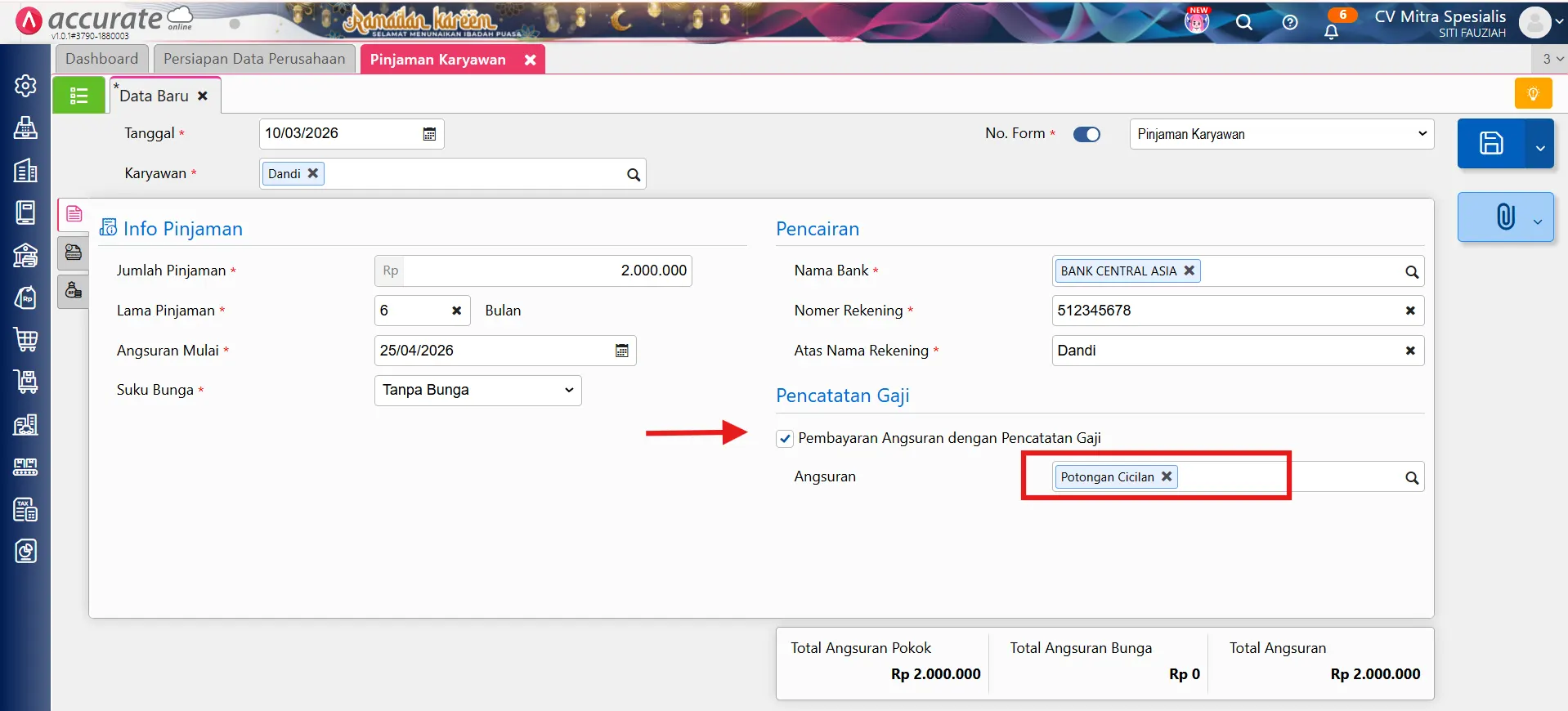 Fitur pinjaman karyawan