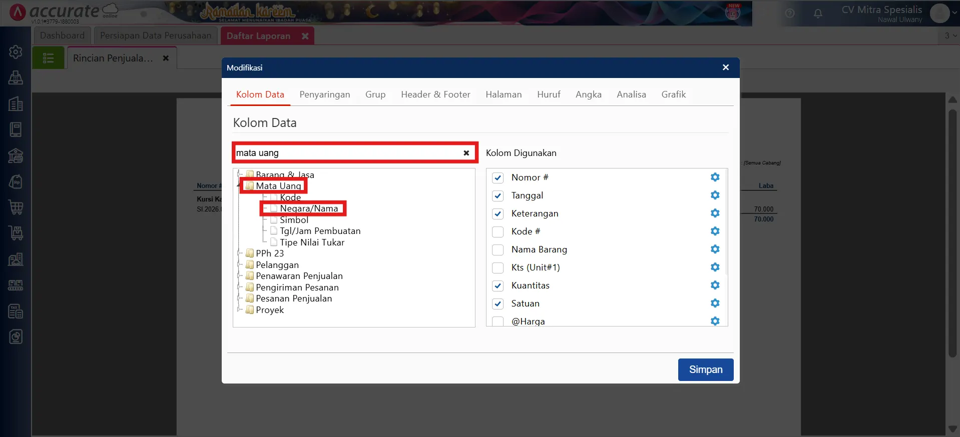 Menampilkan piutang penjualan per departemen