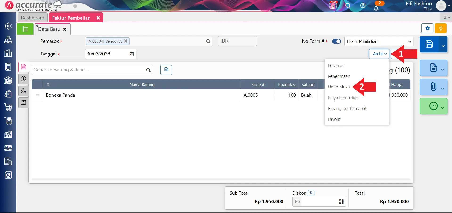 mencatat saldo awal uang muka pembelian