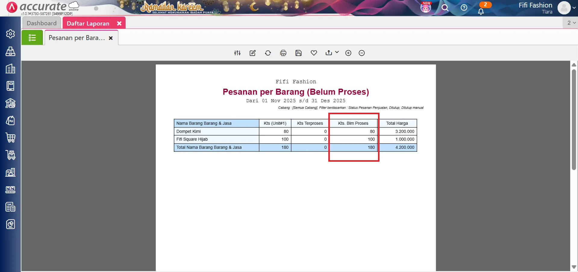 menampilkan kuantitas belum proses di laporan pesanan