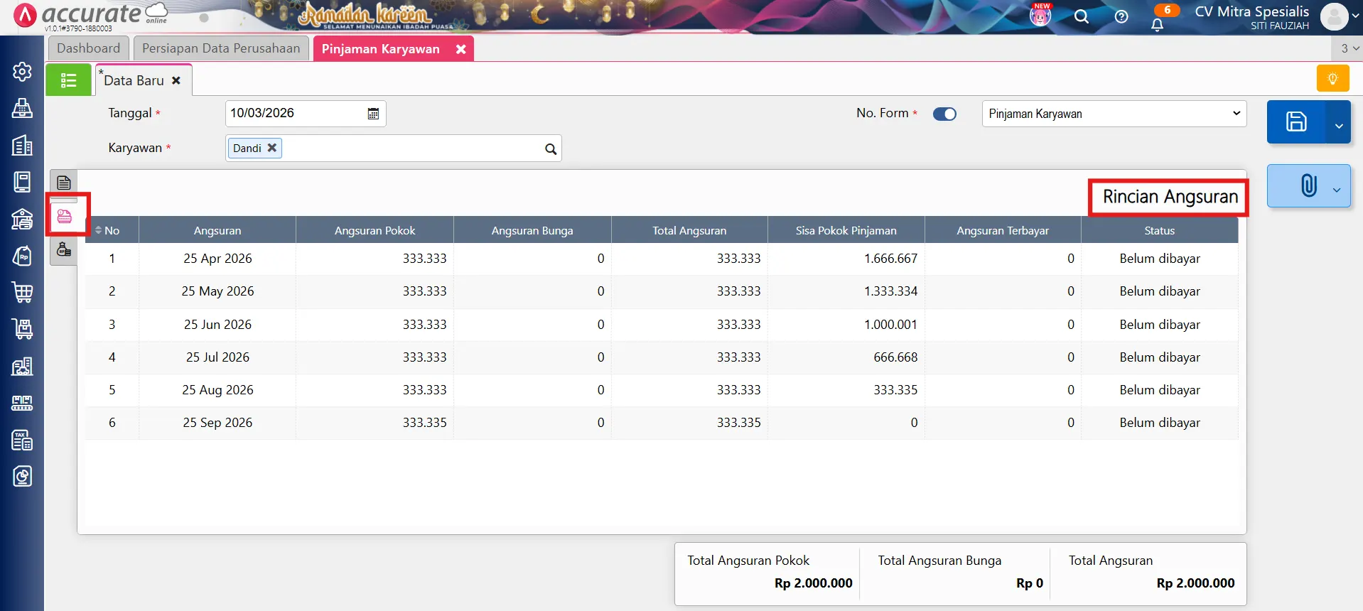 Fitur pinjaman karyawan
