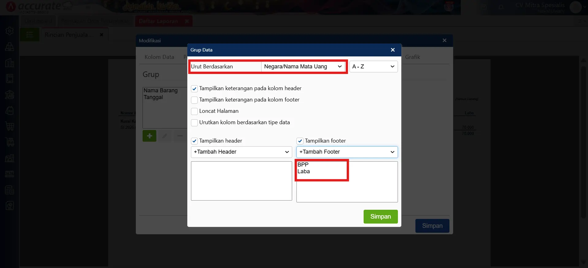 Menampilkan piutang penjualan per departemen