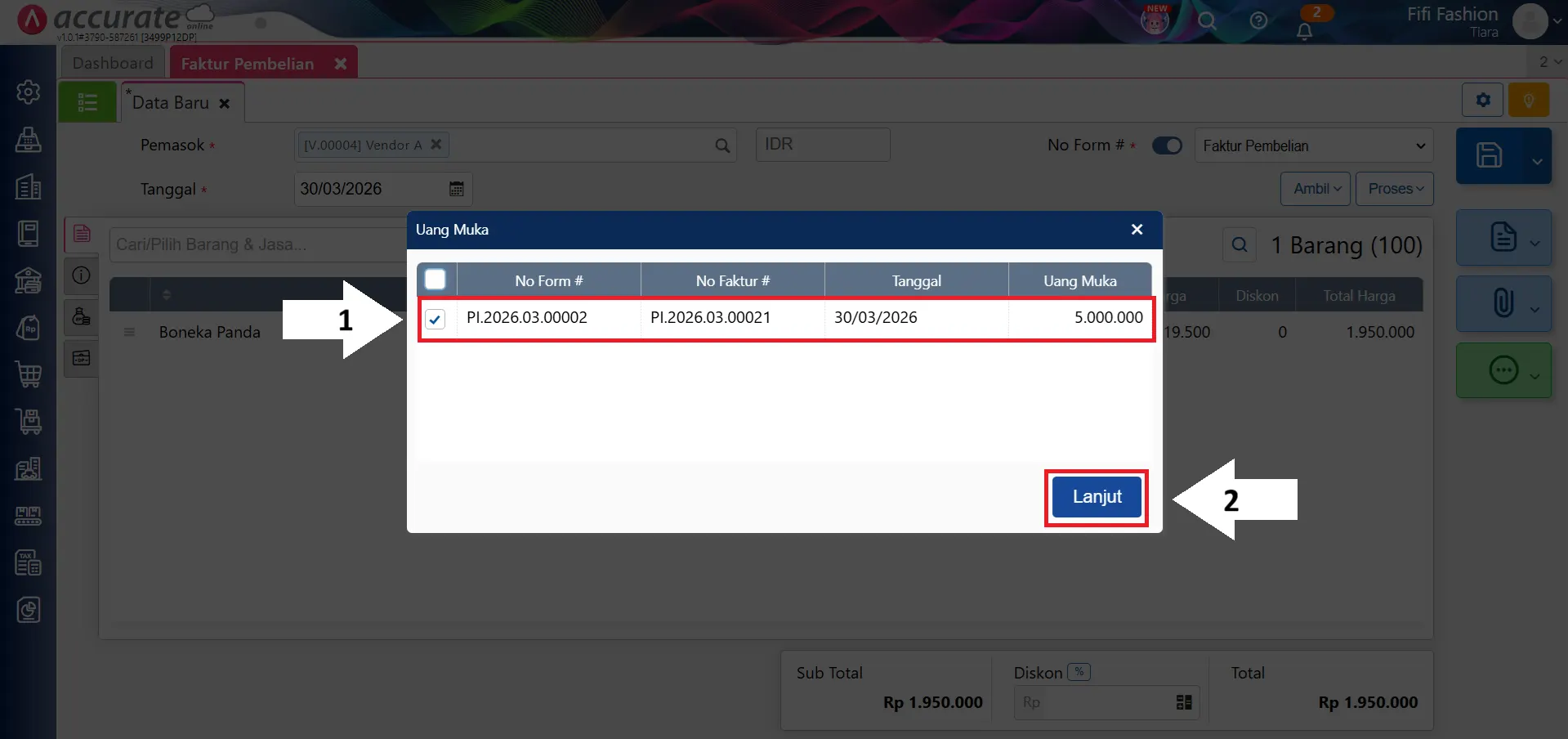 mencatat saldo awal uang muka pembelian