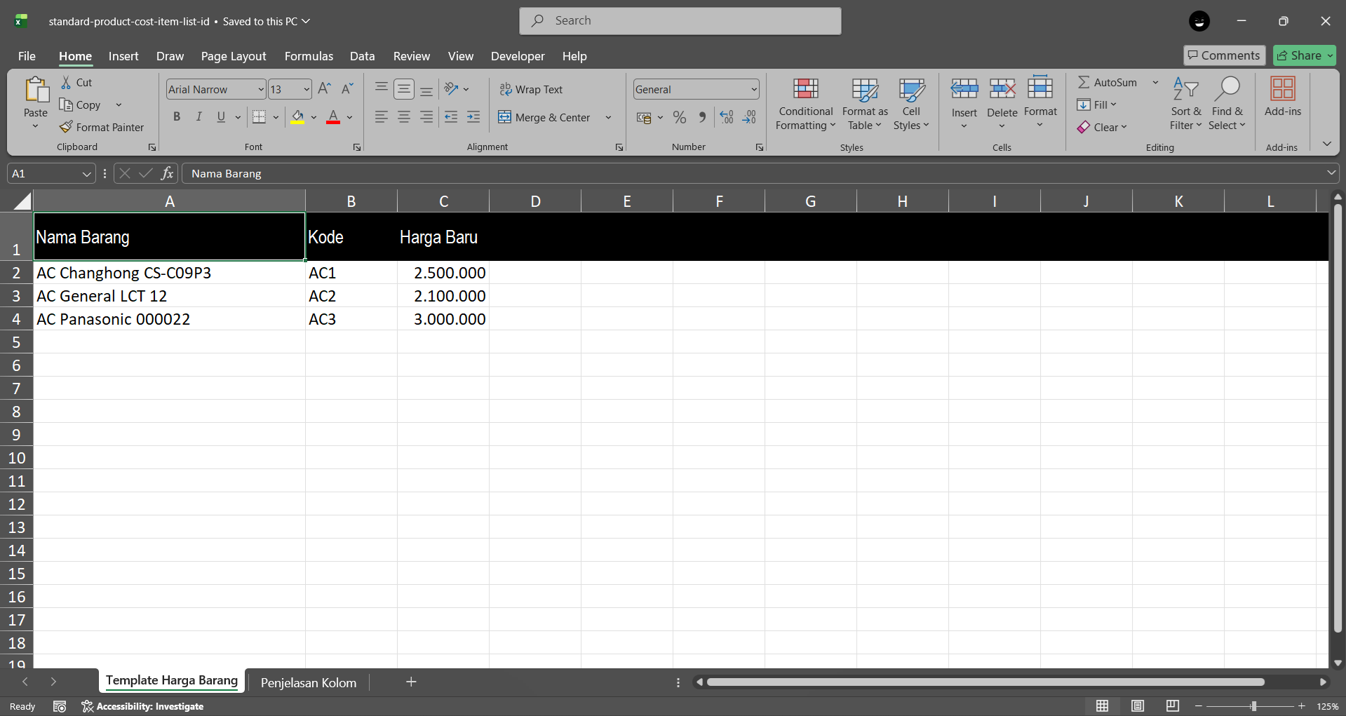 standar biaya produksi
