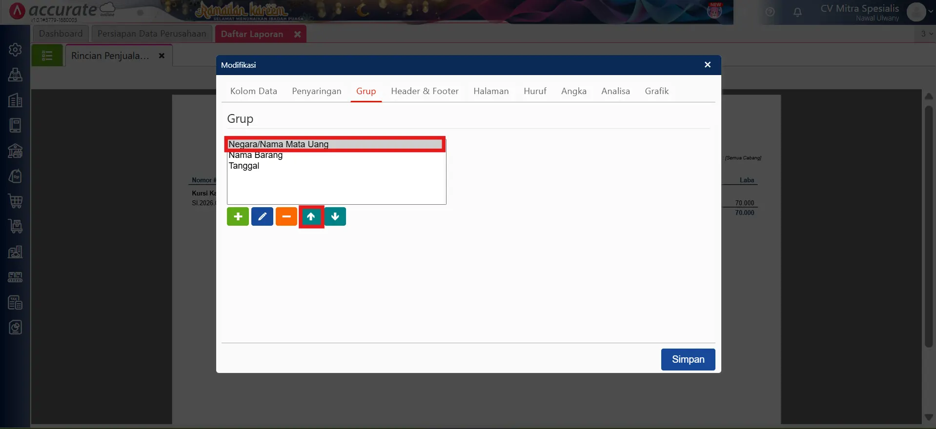 Menampilkan piutang penjualan per departemen