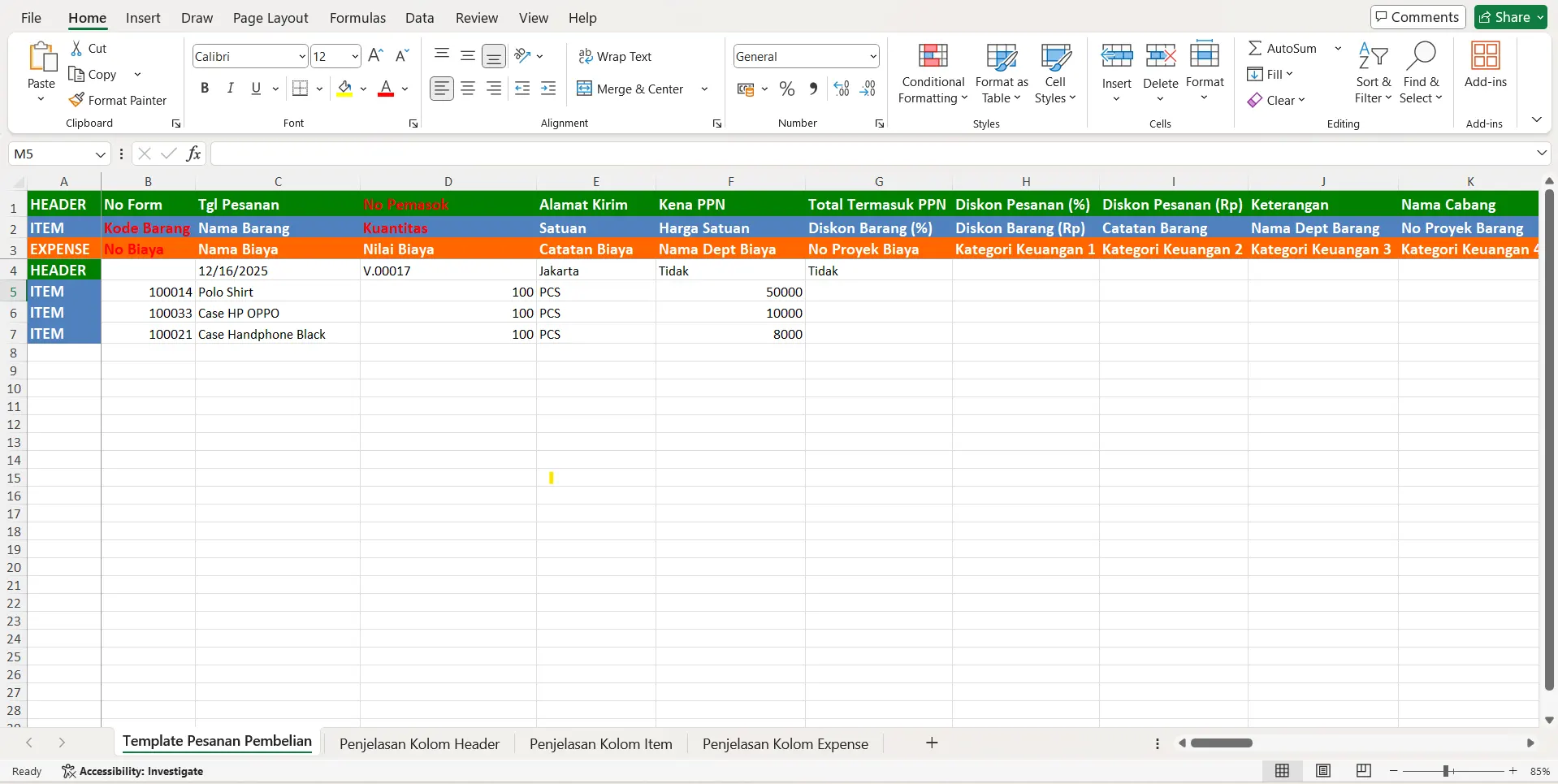 impor pesanan pembelian valas dari excel