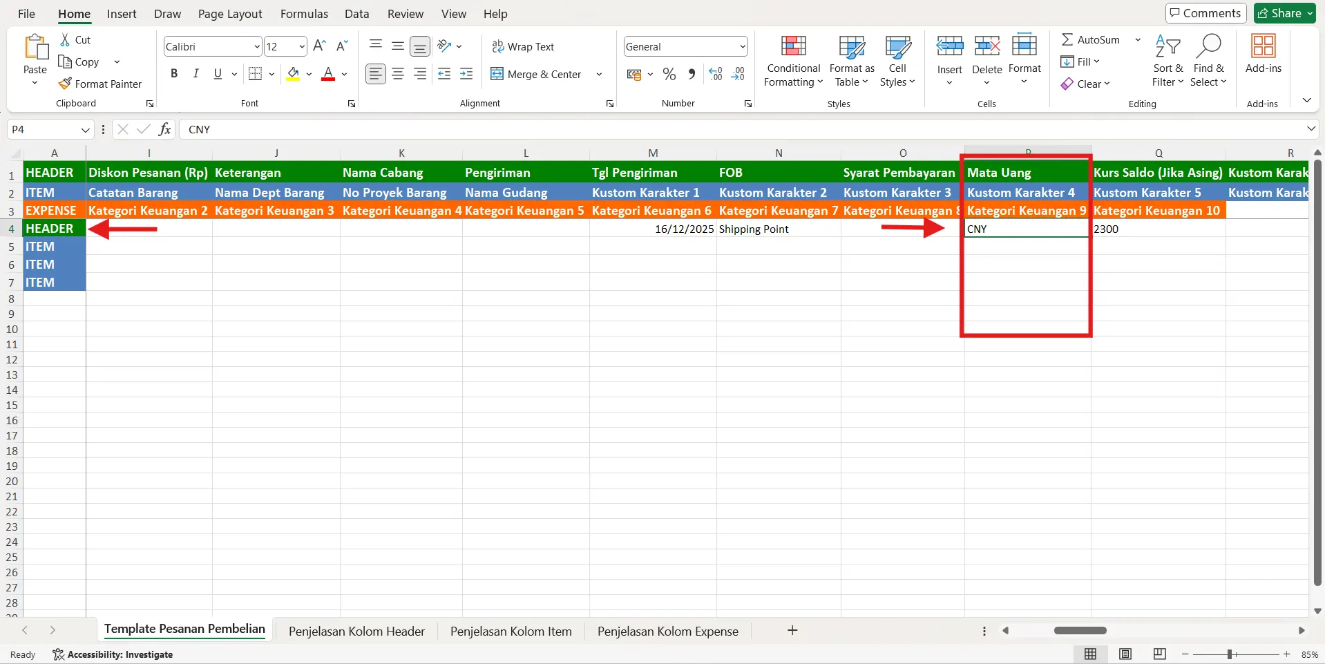 impor pesanan pembelian valas dari excel