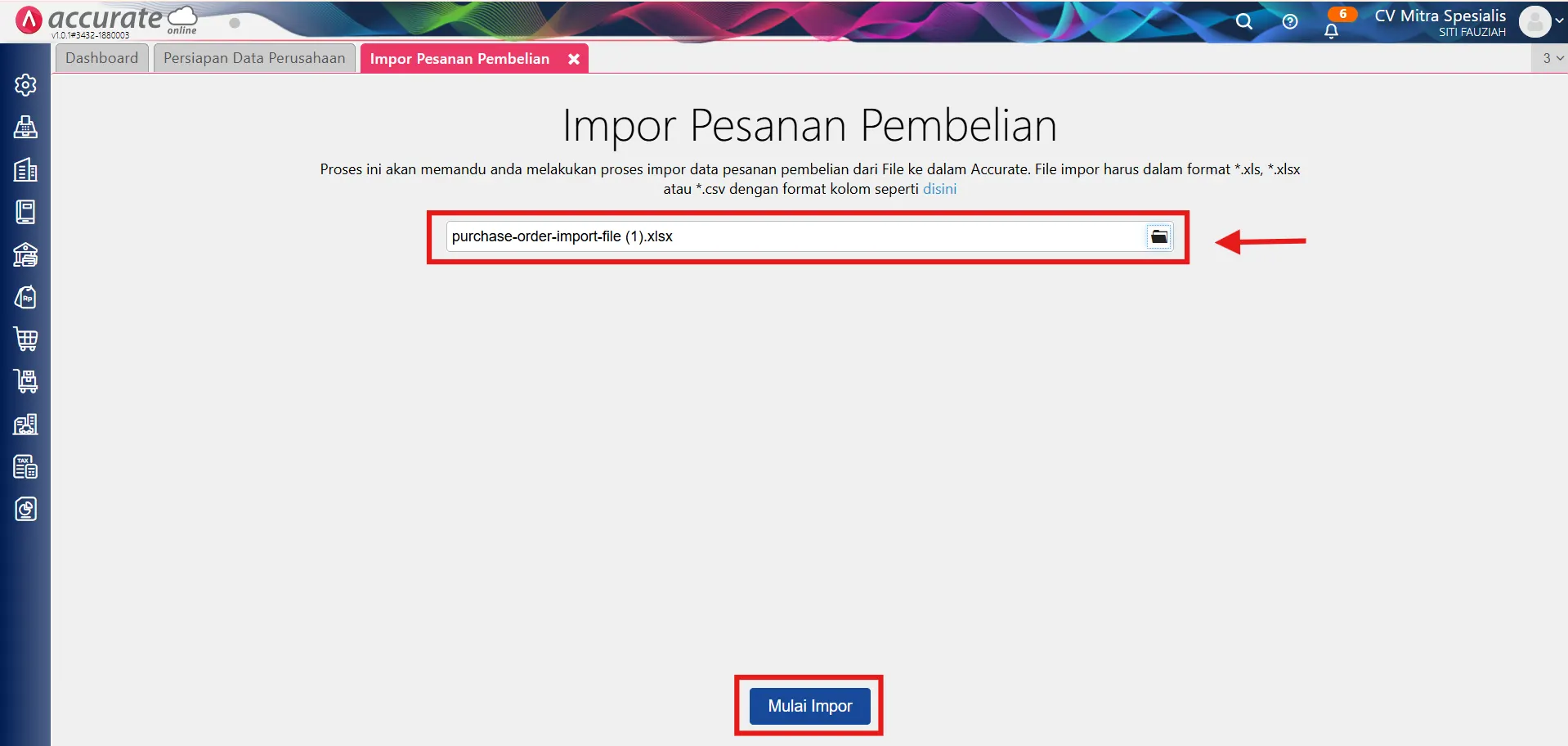 impor pesanan pembelian valas dari excel