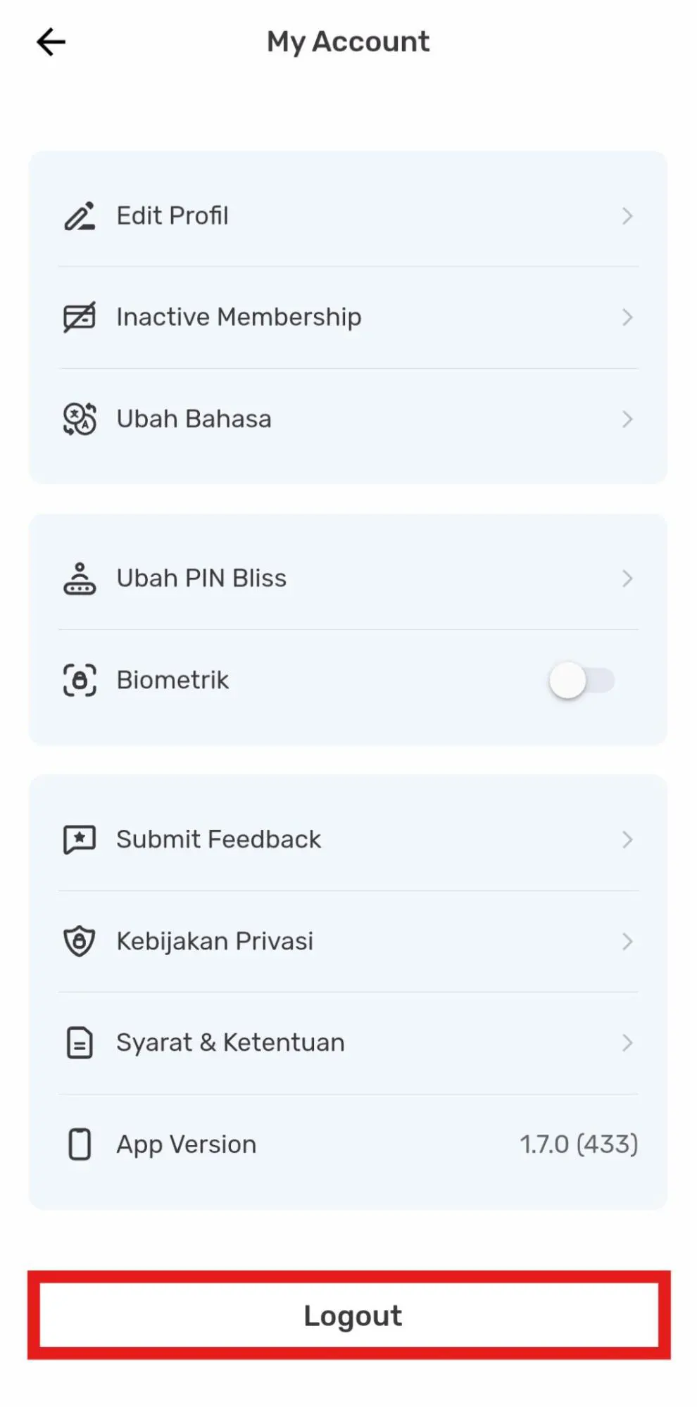 Cara mudah logout akun Bliss