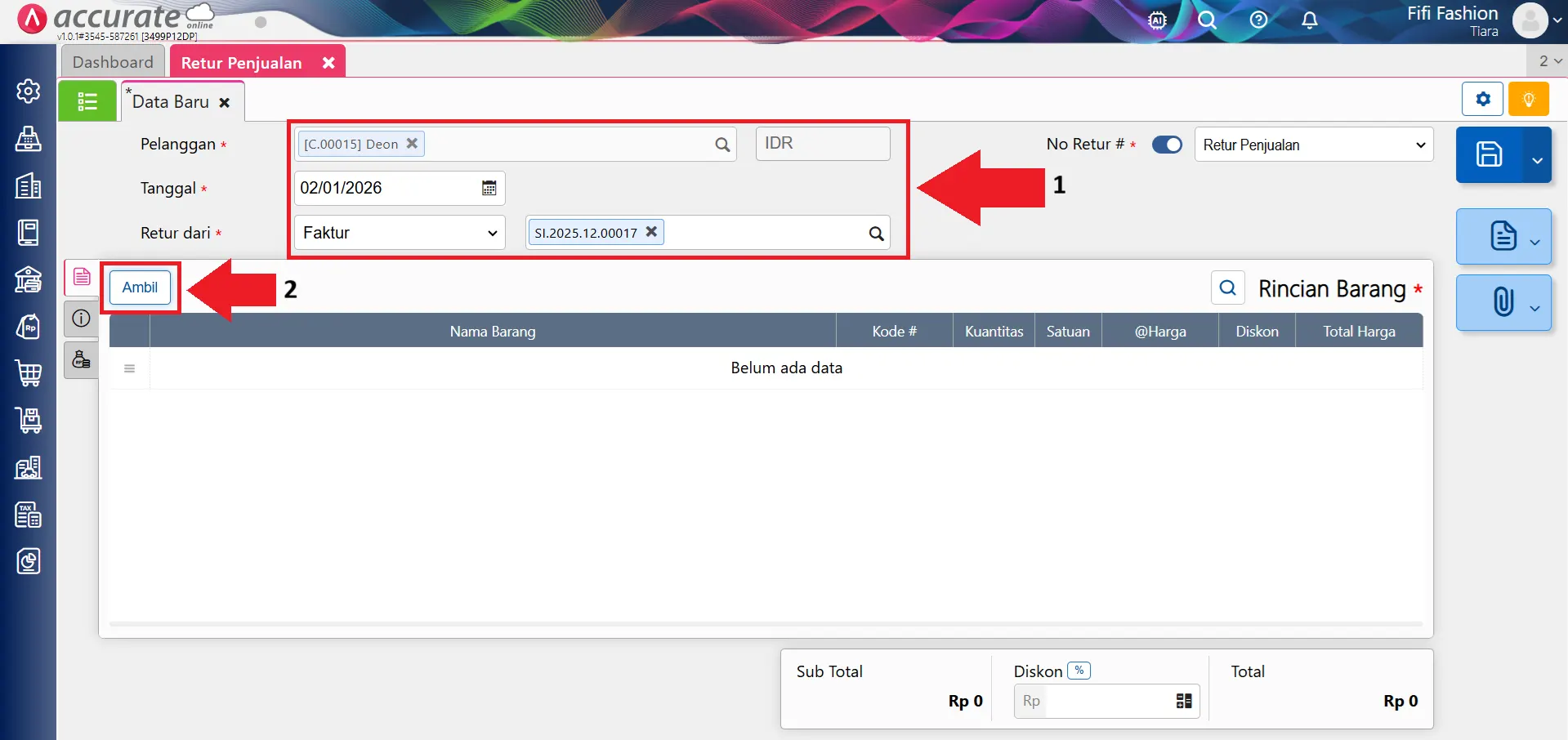 Cara membuat retur penjualan sebagian dari faktur