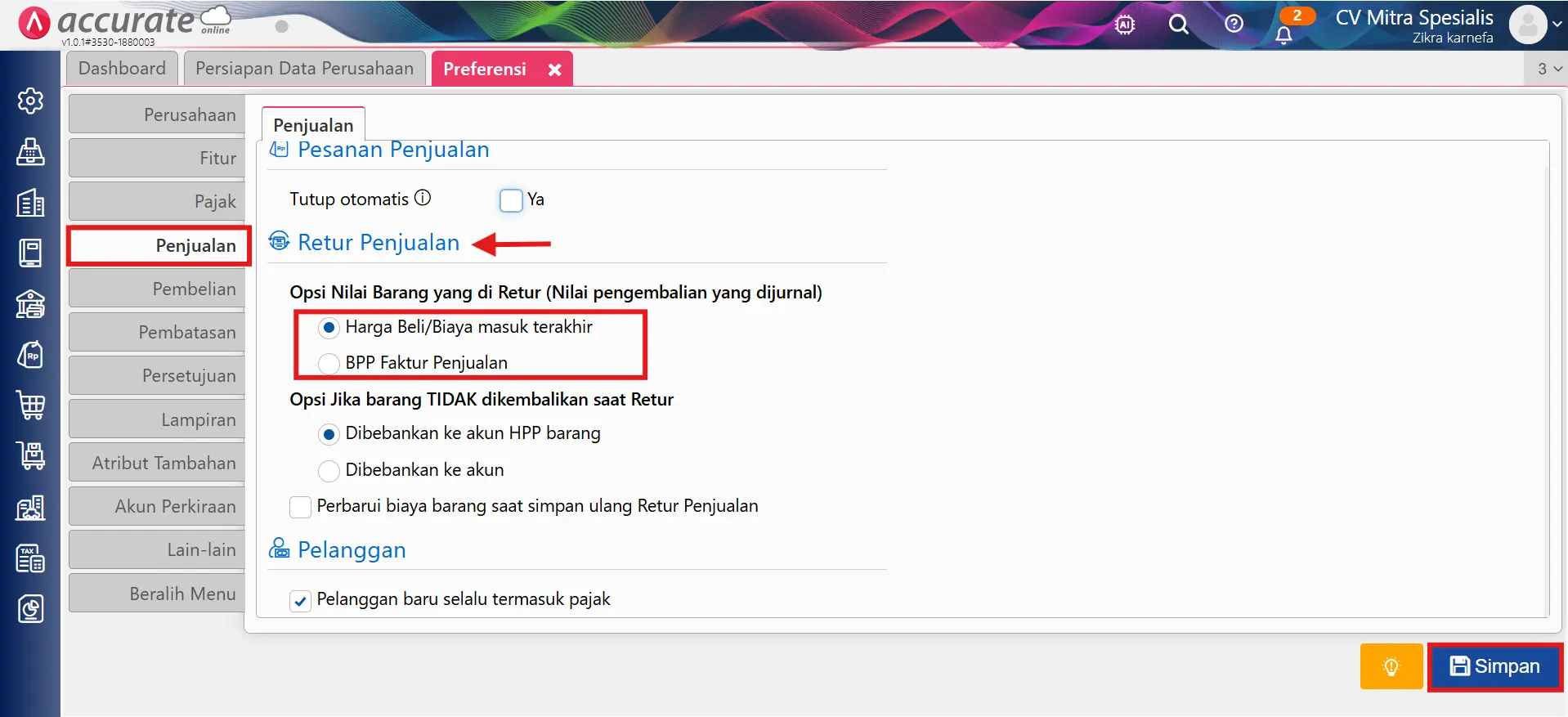 mengatur nilai persediaan retur penjualan