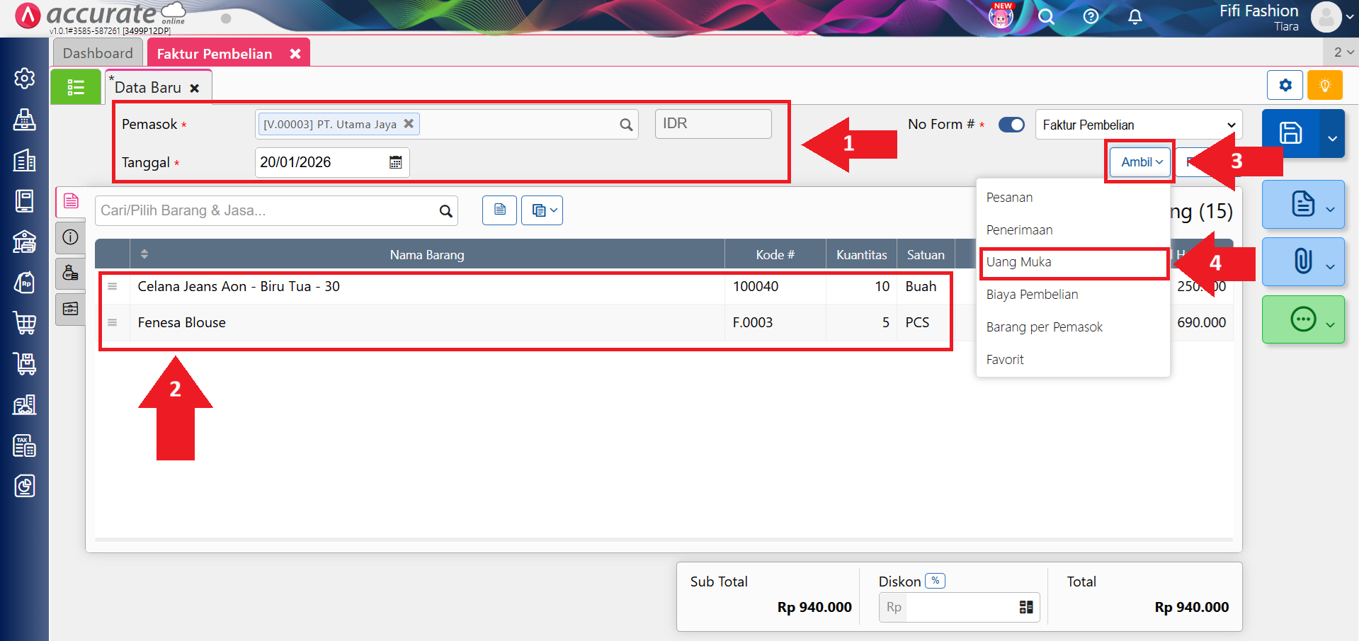 memotong faktur pembelian dengan uang muka