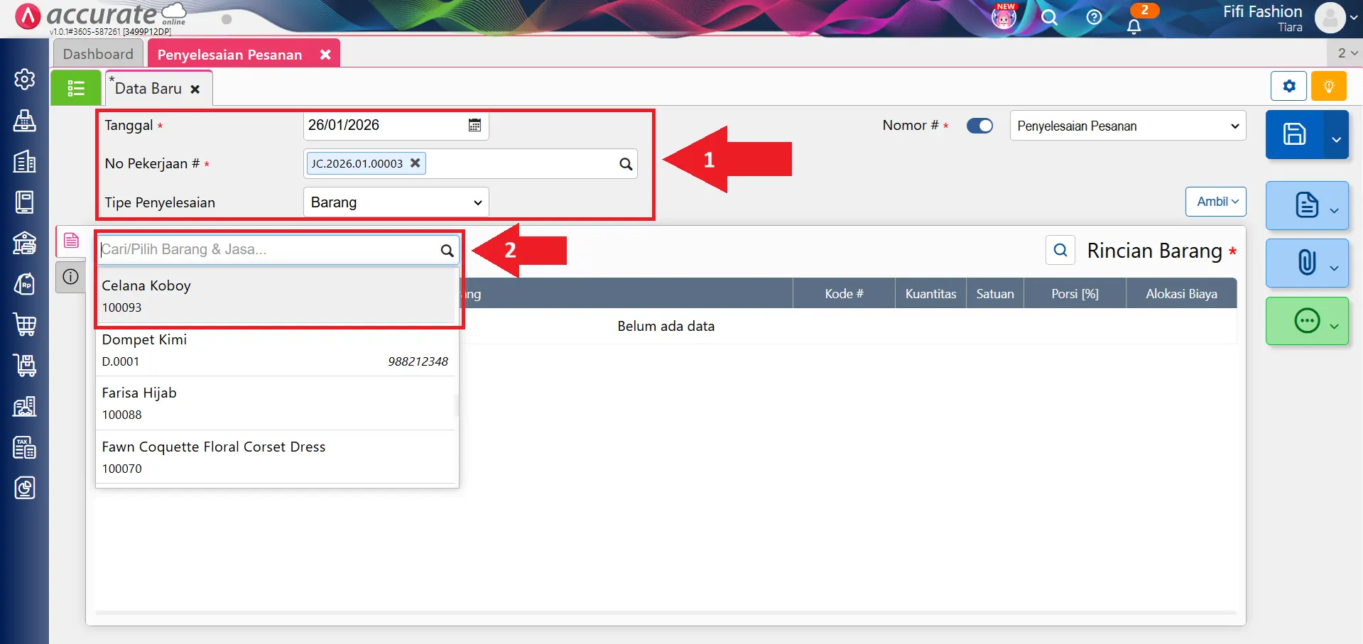 penyelesaian pesanan ke barang