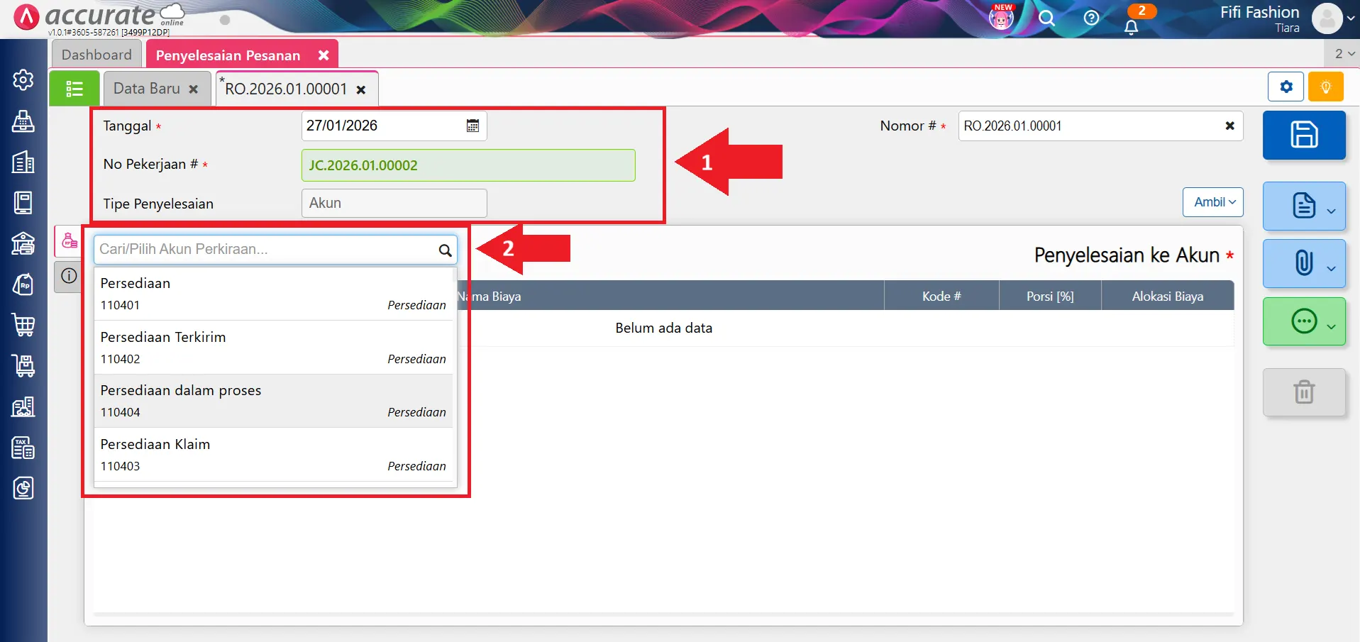 penyelesaian pesanan ke akun