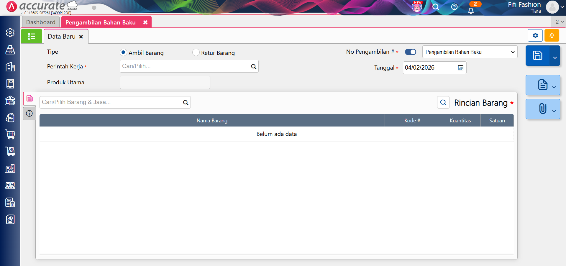 mencatat pengambilan bahan baku