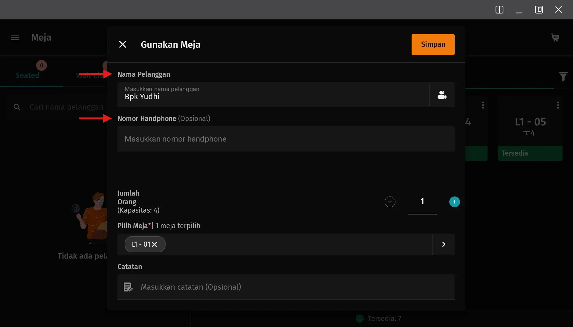 menggabungkan dua meja dalam satu pelanggan