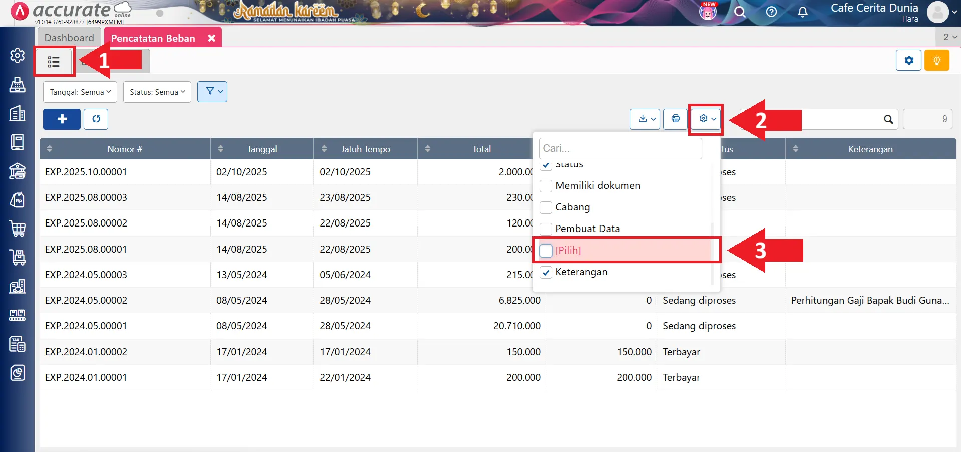 hapus pencatatan Beban secara massal