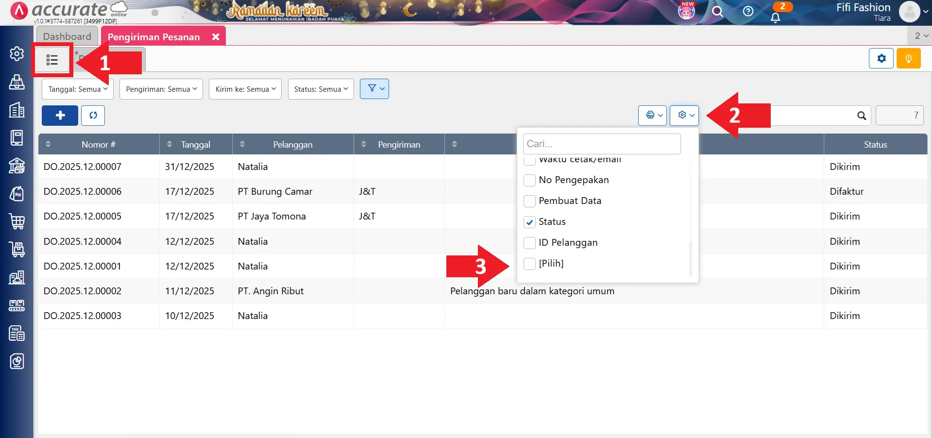 hapus transaksi pengiriman pesanan secara massal