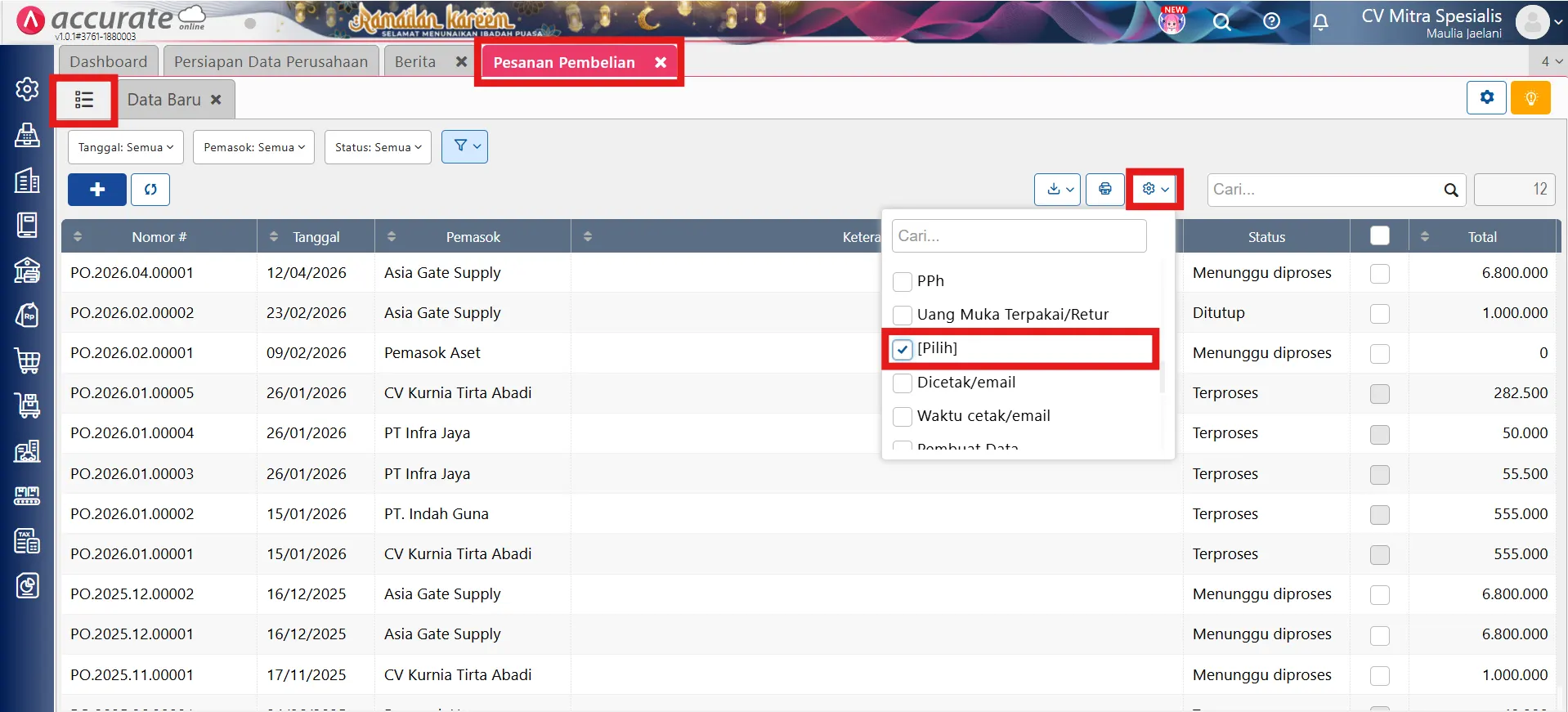hapus pesanan pembelian secara massal