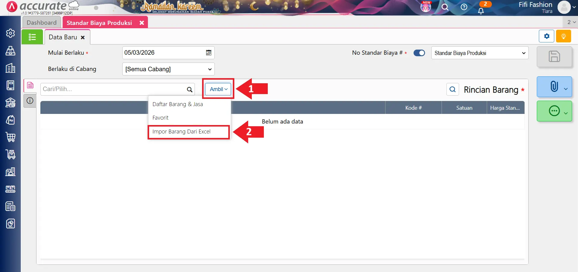 impor standar biaya produksi dari Excel