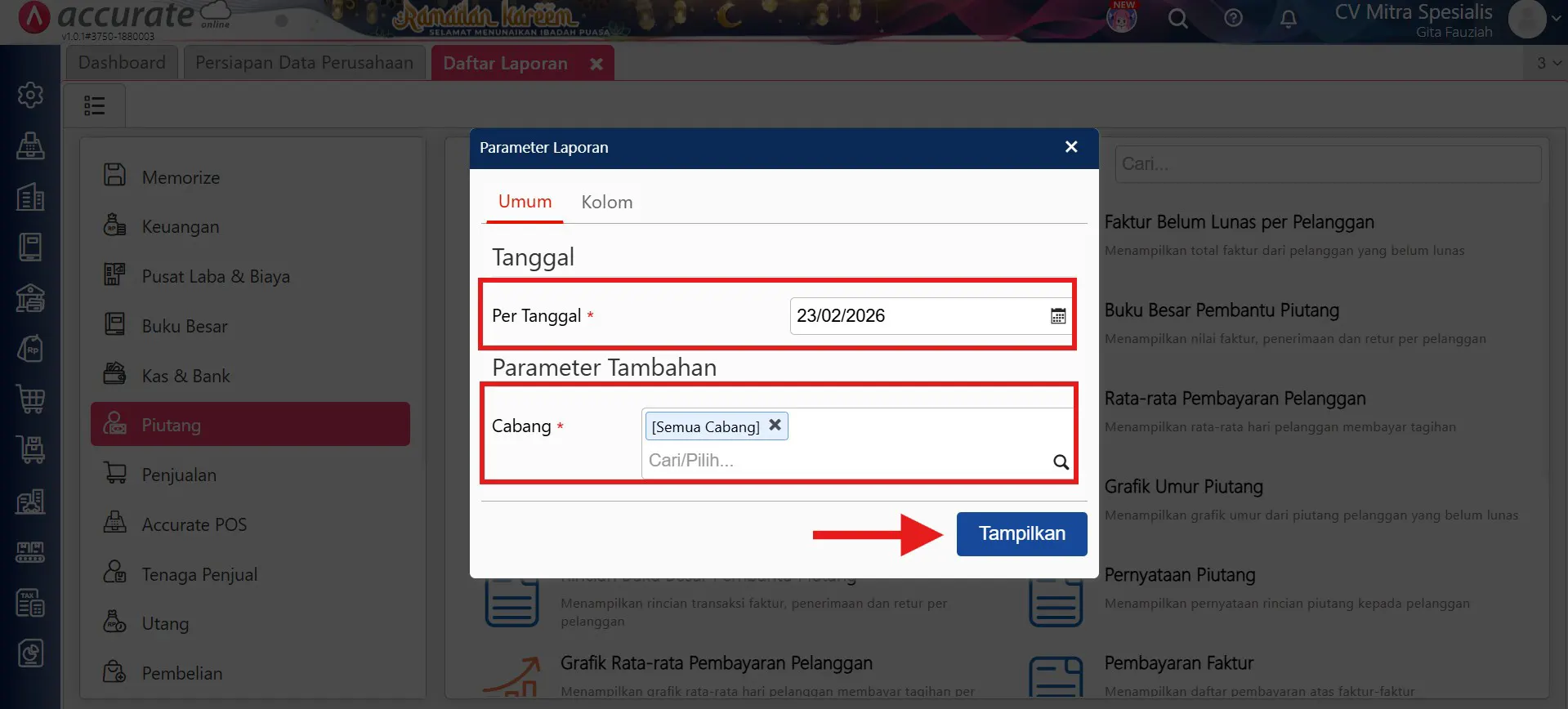 menampilkan umur piutang tukar faktur di faktur belum lunas