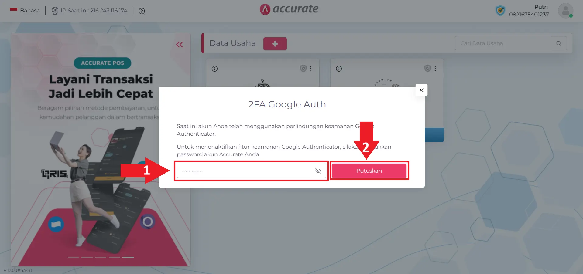 menonaktifkan fitur 2FA