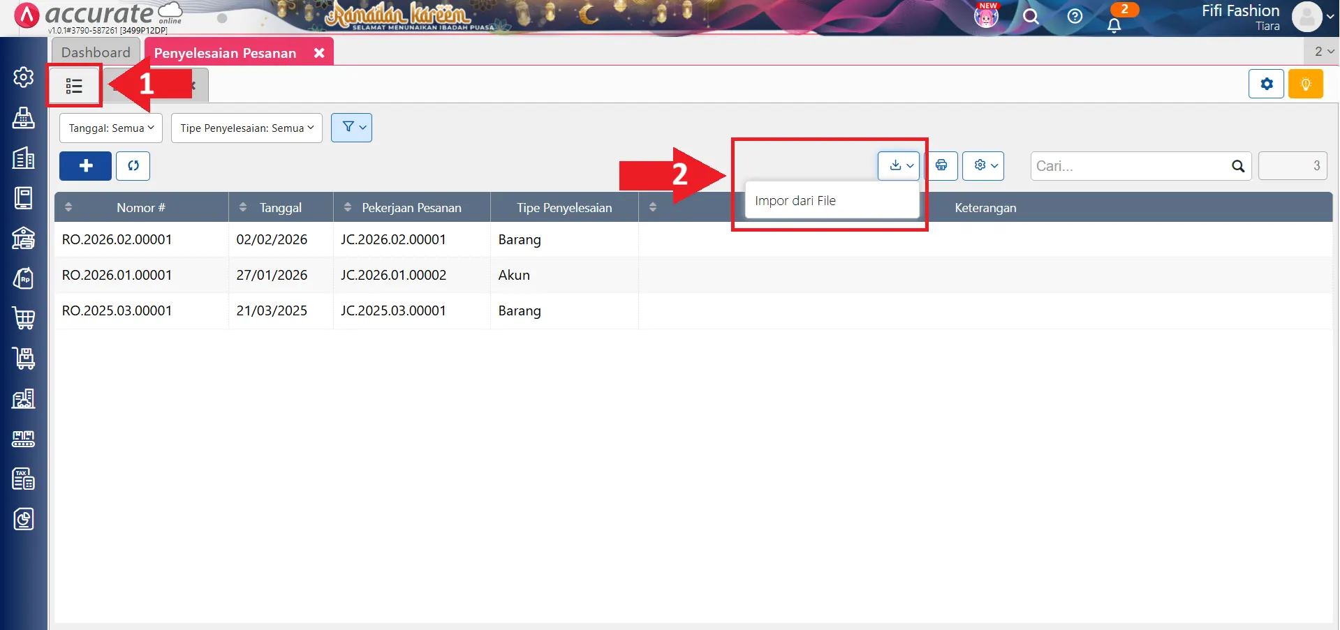 mengimpor penyelesaian pesanan